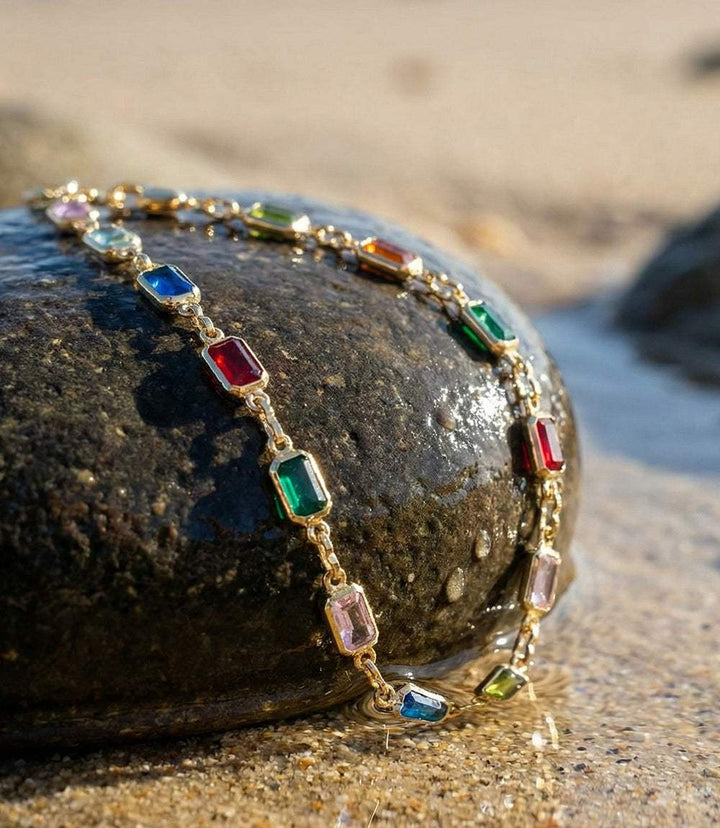 Colorful gemstone bracelet with 18K gold filled stretch band and dazzling stones
