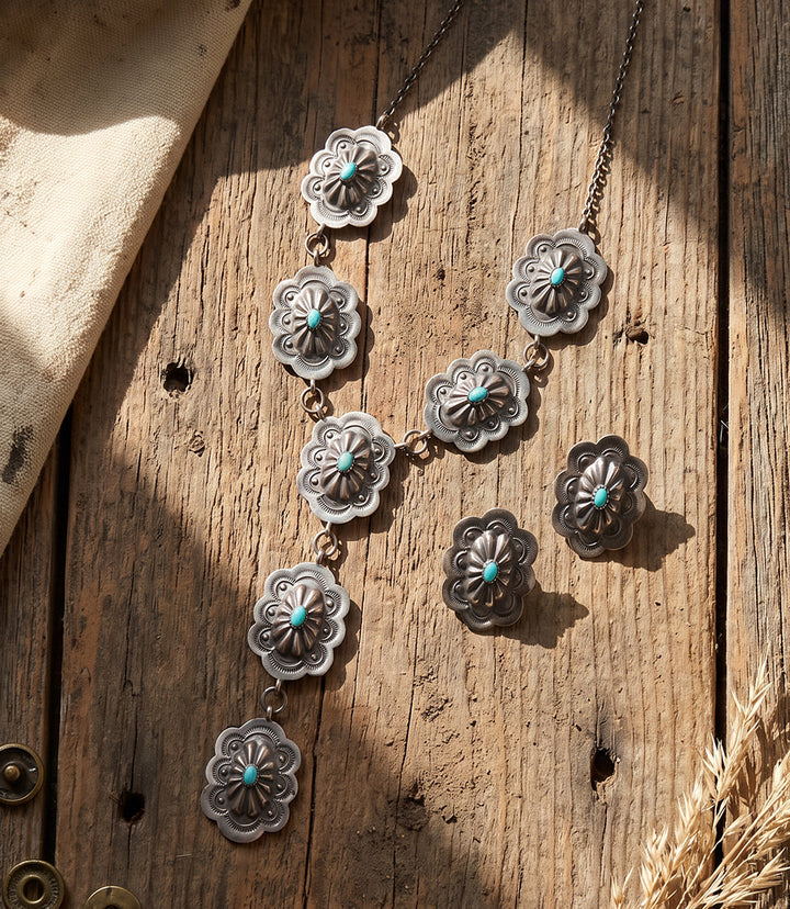 Sterling Silver Turquoise Concho Necklace And Earring Set
