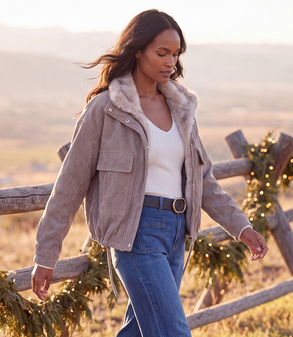 Faux Fur Trim Bomber Jacket