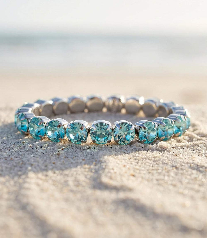 Crystal Stretch Bracelet in aqua with silver crystals and flexible fit for everyday wear