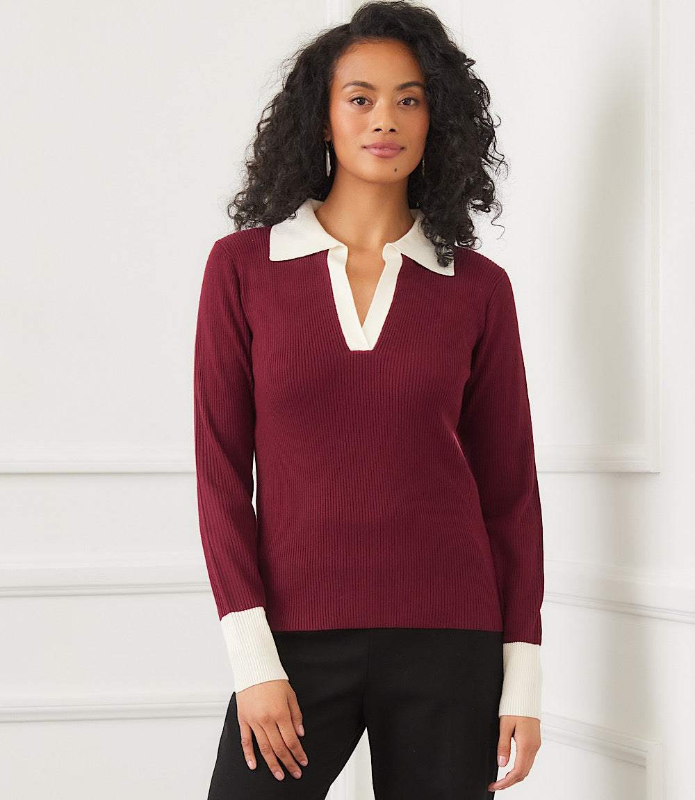 Contrast Ribbed Polo Sweater