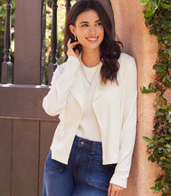 Soft wide-rib knit ribbed jacket with open front and relaxed lapel, long sleeves, made in USA