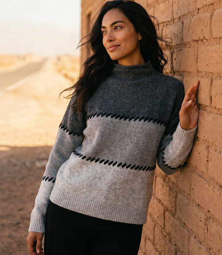 Contrast Stitch Mock Neck Colorblock Sweater