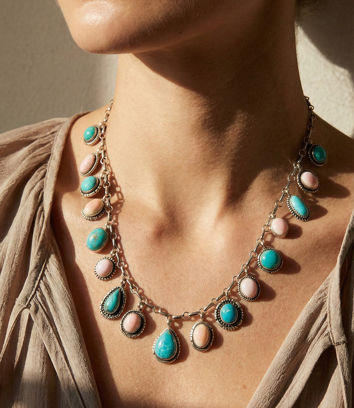 Dangling Turquoise And Pink Conch Necklace