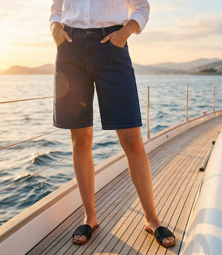 Denim Bermuda Shorts in indigo with contrast stitching and five-pocket styling