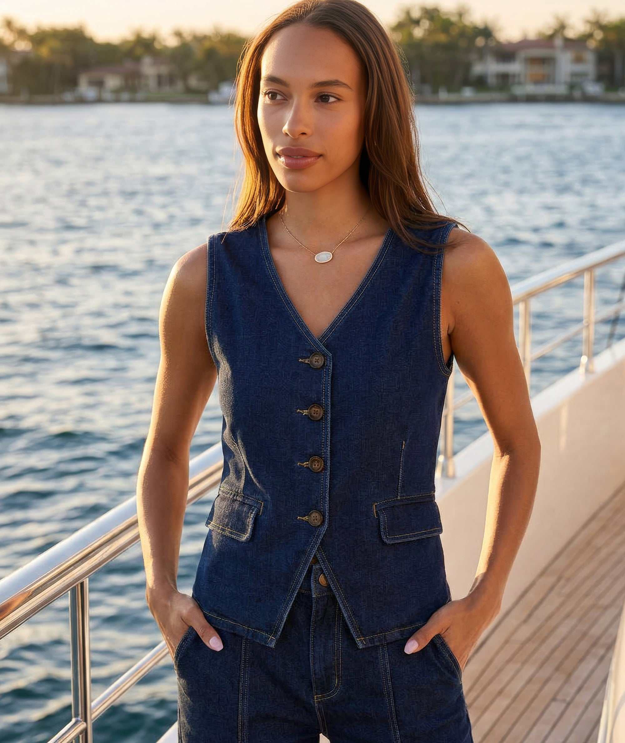 Denim Vest - Stylish Women's Tailored Denim Jacket with Pockets