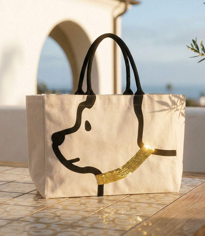 Durable canvas Dog Tote Bag with playful dog graphic and gold sequin collar, sturdy handles for easy carrying
