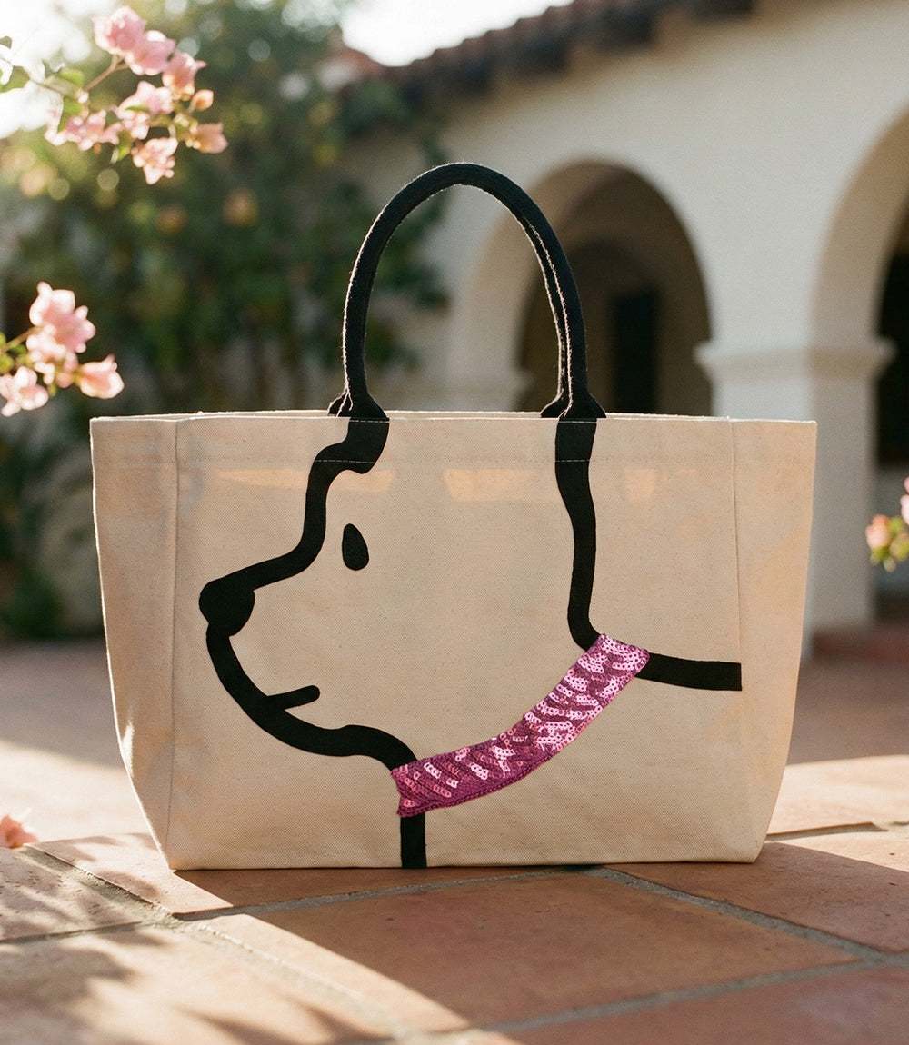 Canvas Dog Tote Bag with playful dog graphic and pink sequin collar, sturdy handles, perfect for casual use