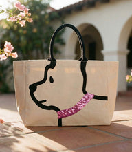Canvas Dog Tote Bag with playful dog graphic and pink sequin collar, sturdy handles, practical and stylish design