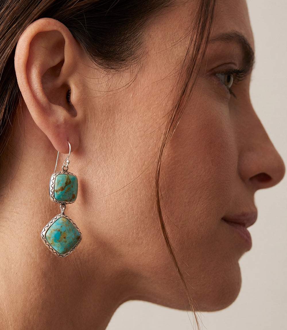 Double drop turquoise earrings with sterling silver and genuine turquoise stones handcrafted by artisans