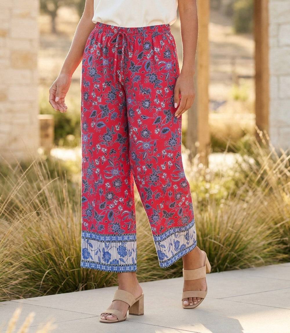 Drawstring Border Print Cropped Pants - Bold Color & Pattern