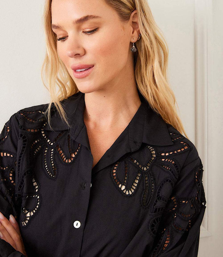 Long Sleeve Cutout Embroidery Shirt