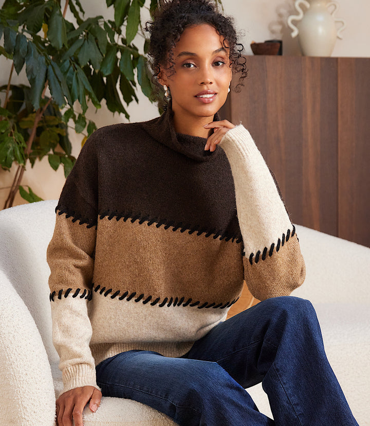 Petite Size Contrast Stitch Mock Neck Colorblock Sweater