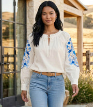Lightweight embroidered blouson sleeve peasant top with tie neck and gathered cuffs in crisp cotton poplin