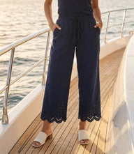 Embroidered scallop edge cropped wide-leg pants with elastic waistband and drawstring closure