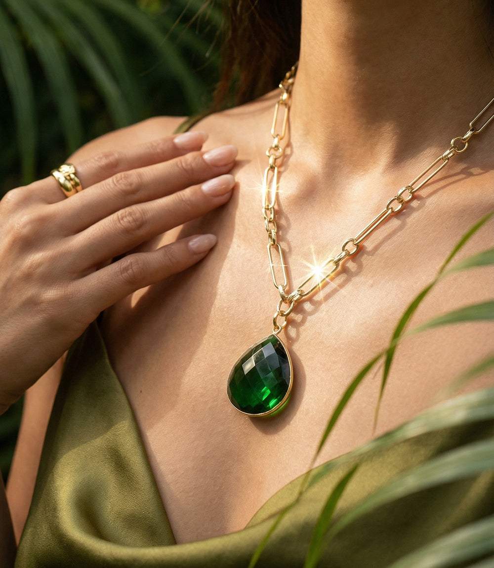 Emerald quartz pendant necklace with green glass stone and gold-plated brass on paperclip chain
