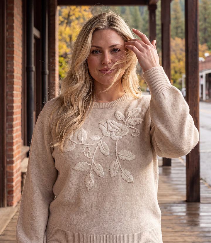 Plus Size Blouson Sleeve Embroidered Sweater