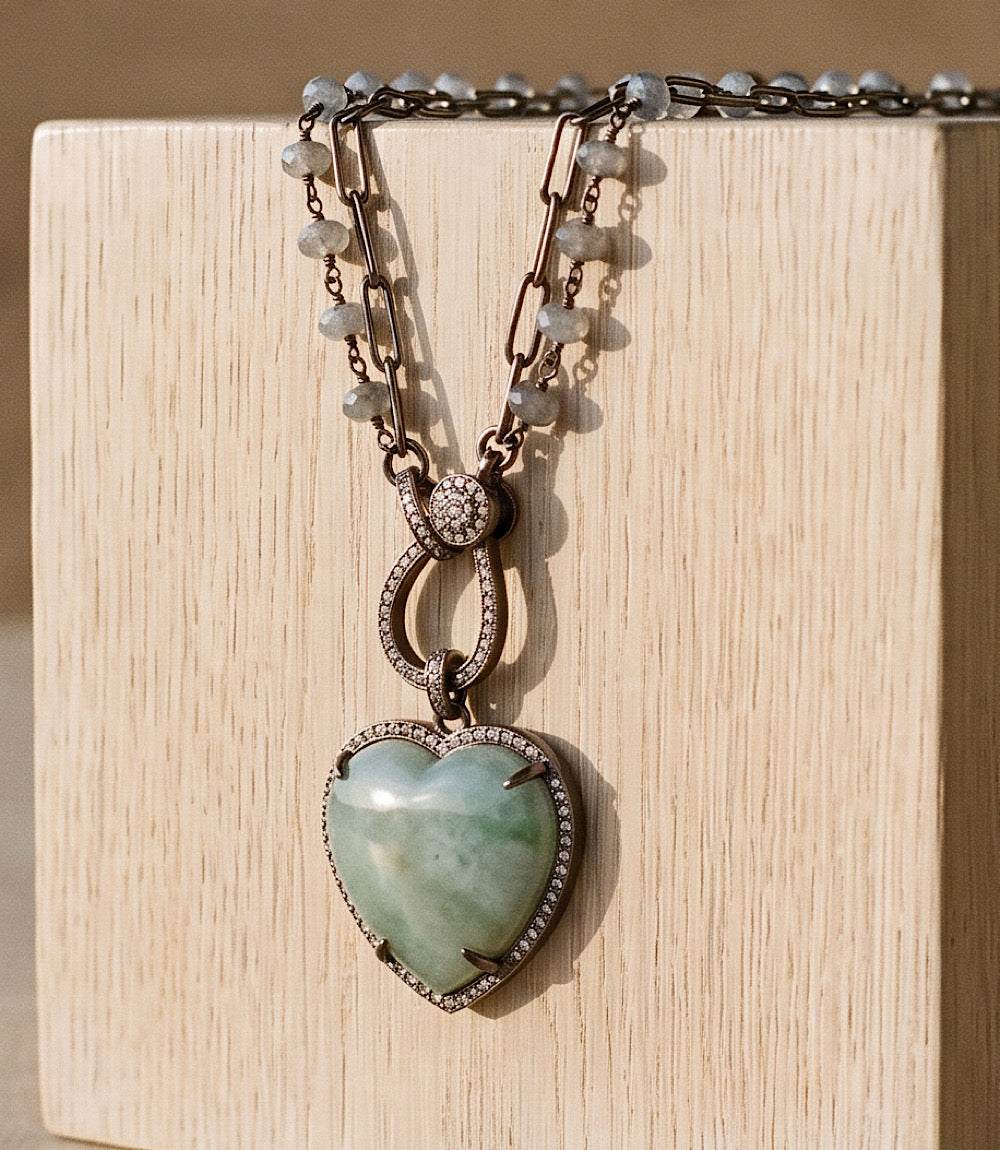 Aquamarine heart crystal pendant necklace with pavé diamonds and sterling silver chain