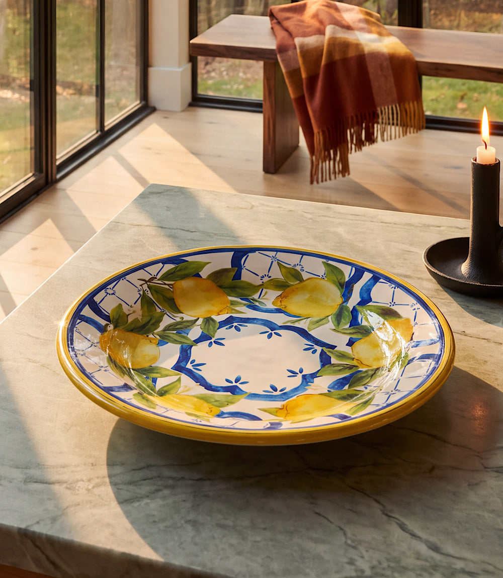 Melamine Capri Dinner Plate with bright lemons and Talavera blue design, 11-inch melamine plate perfect for outdoor dining