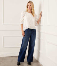 Petite size puff sleeve embroidered white cotton top with floral design and scalloped trim