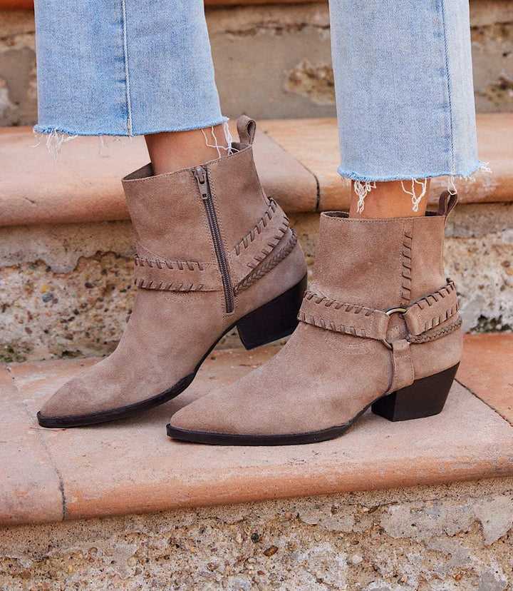 Seychelles Easy Peasy taupe suede ankle booties with pointed toe, low block heel, side zipper, and braided detailing