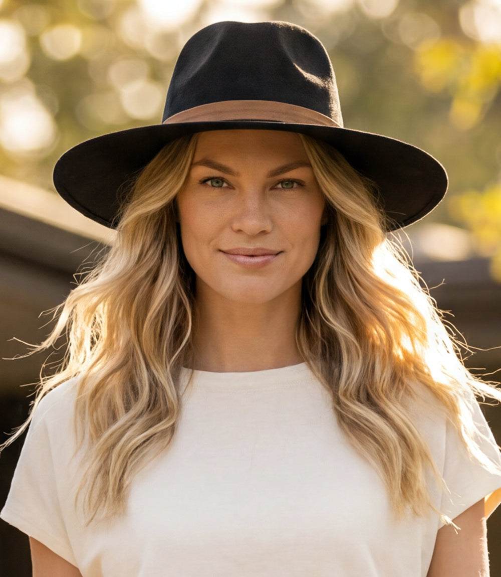 Soft faux suede fedora hat with 3.25-inch brim and 22.5-inch circumference, cruelty-free polyester material