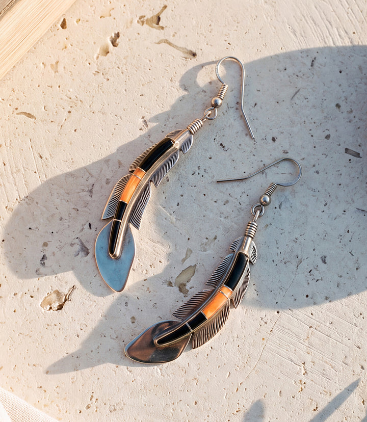 Onyx Spiny Oyster Inlay Silver Feather Earrings