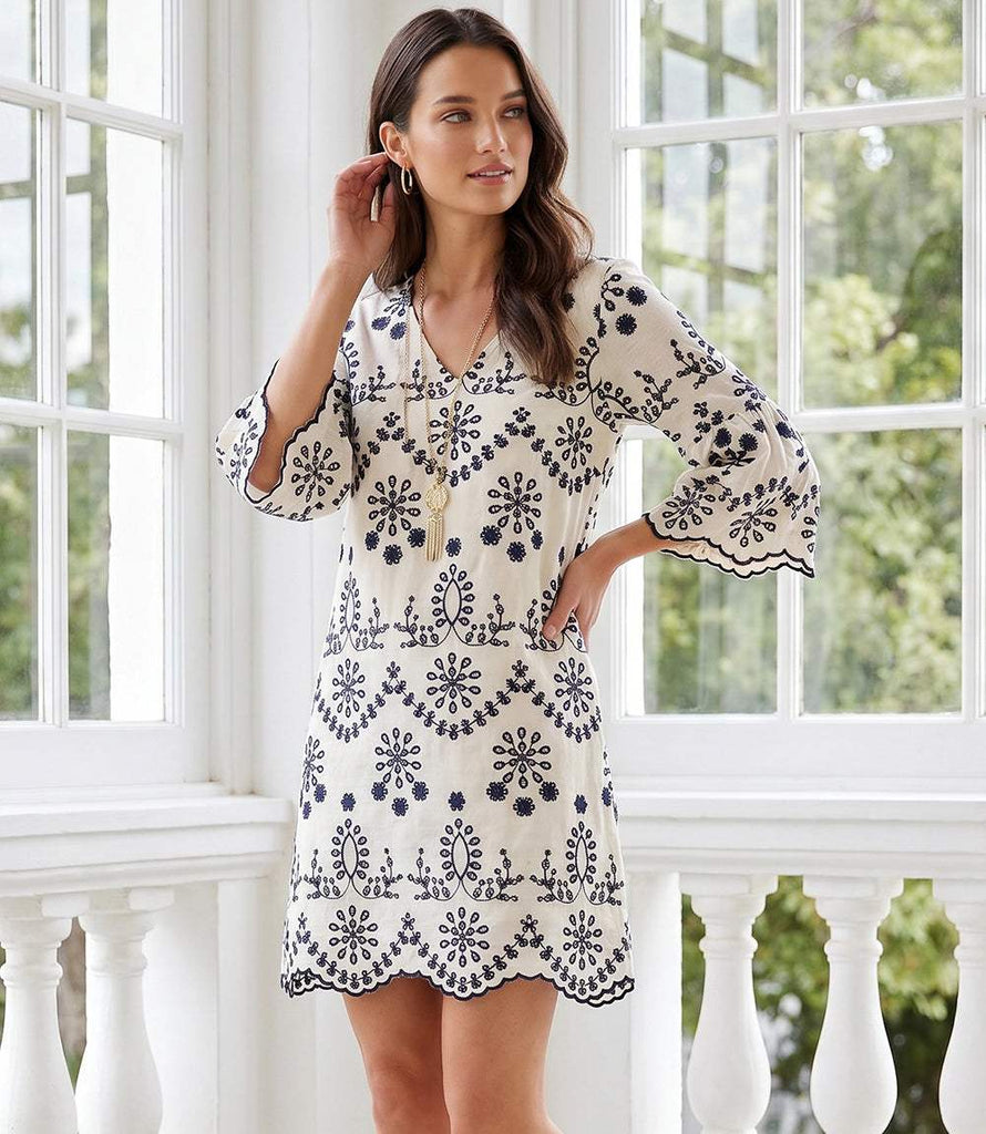 Karen Kane Women's Flare Sleeve Embroidered Dress, Large, Cotton