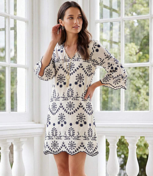 Karen Kane Women's Flare Sleeve Embroidered Dress, Large, Cotton Karen Kane Women's Flare Sleeve Embroidered Dress, Large, Cotton