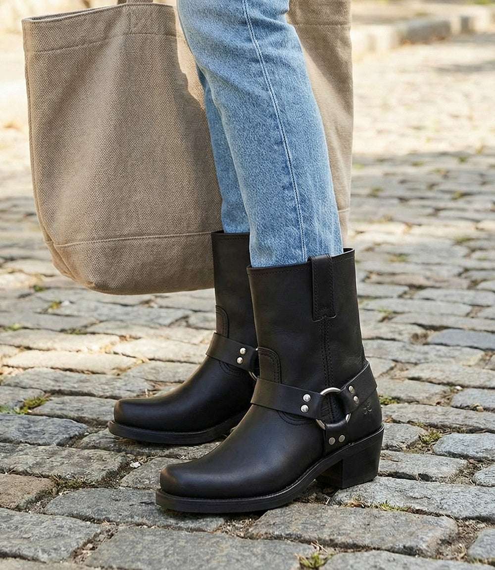 Frye Harness 8R Mid Moto Boots in black with harness detailing and block heel