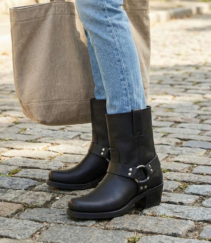 Frye Harness 8R Mid Moto Boots in black with harness detailing and block heel