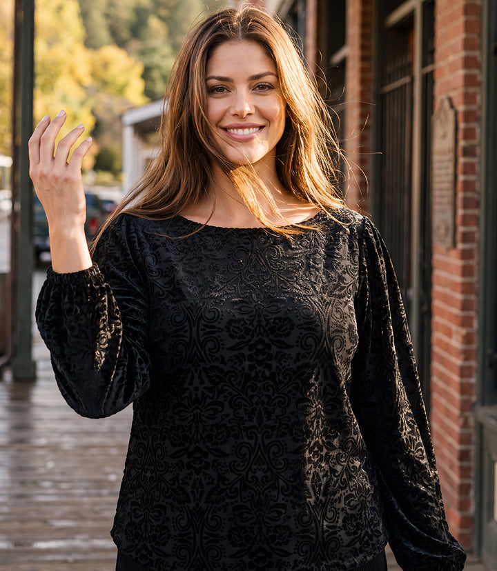 Plus Size Blouson Sleeve Velvet Burnout Boatneck Top