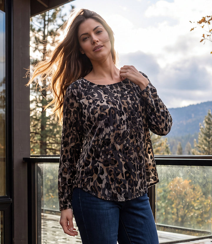 Plus Size Long Sleeve Velvet Burnout Shirttail Top