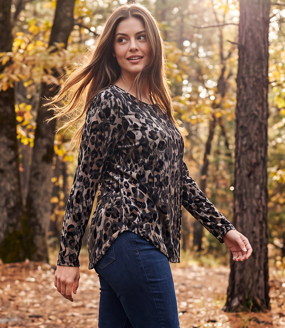 Plus Size Long Sleeve Velvet Burnout Shirttail Top