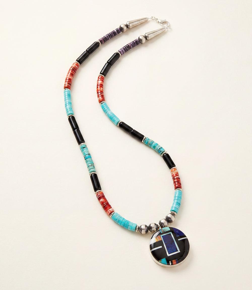 Beaded Turquoise, Jet, And Spiny Oyster Shell Pendant Necklace