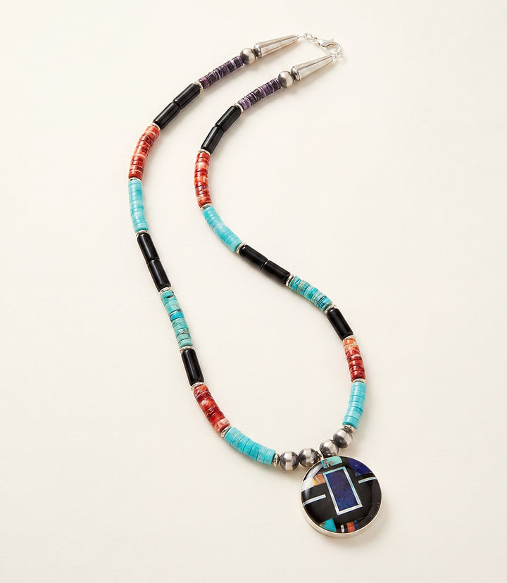 Beaded Turquoise, Jet, And Spiny Oyster Shell Pendant Necklace