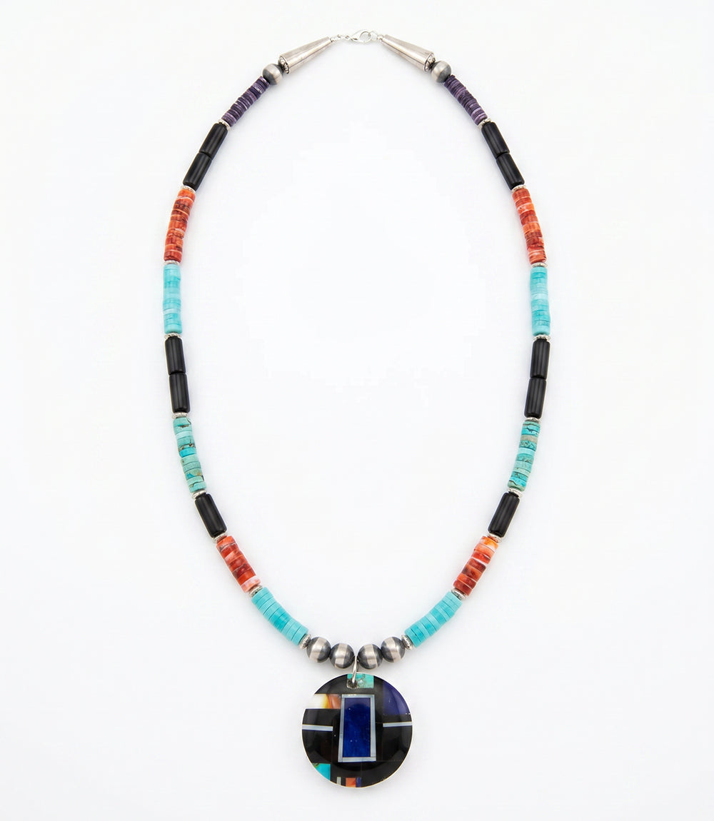 Beaded Turquoise, Jet, And Spiny Oyster Shell Pendant Necklace