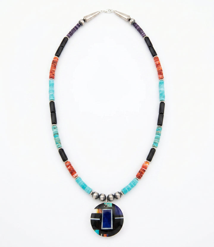 Beaded Turquoise, Jet, And Spiny Oyster Shell Pendant Necklace
