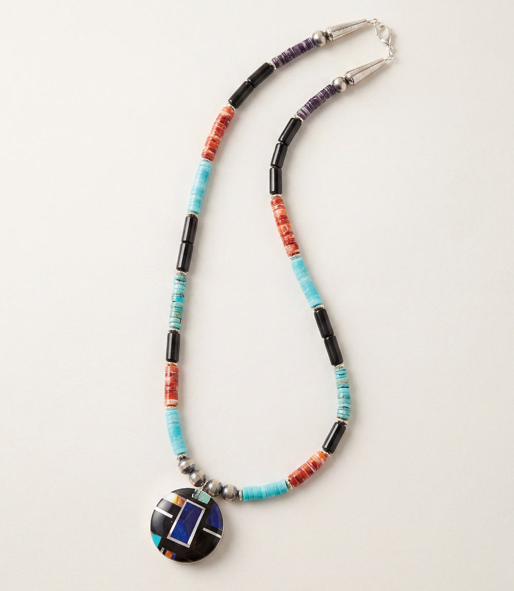 Beaded Turquoise, Jet, And Spiny Oyster Shell Pendant Necklace