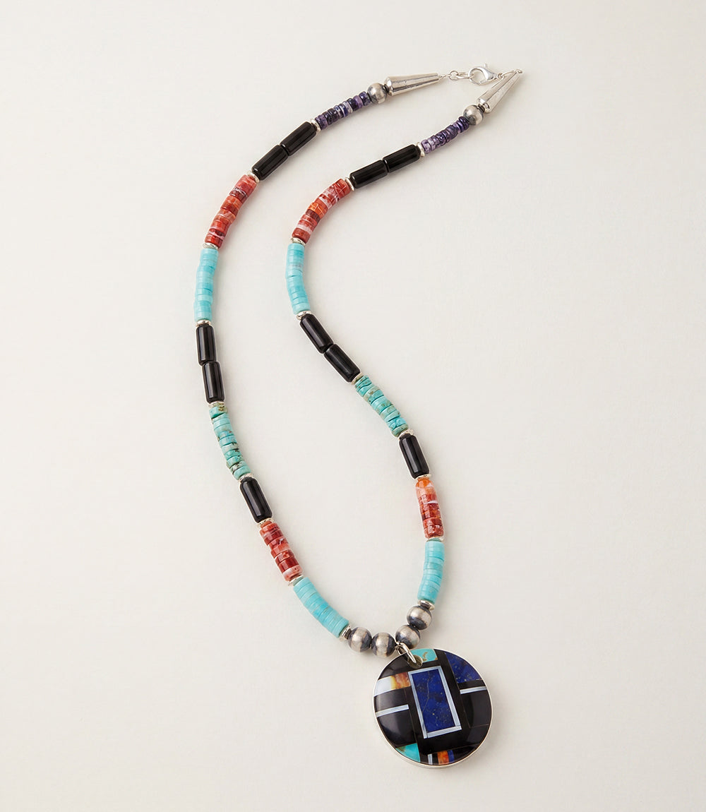 Beaded Turquoise, Jet, And Spiny Oyster Shell Pendant Necklace