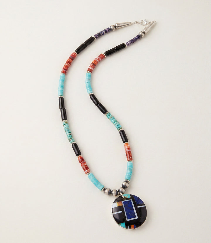 Beaded Turquoise, Jet, And Spiny Oyster Shell Pendant Necklace