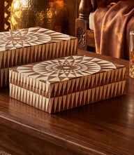 Small Mosaic Bone Decorative Box with geometric bone inlay and wood finish interior