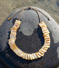 Mother Of Pearl Playa Necklace with geometric nude brown tones and adjustable slide closure