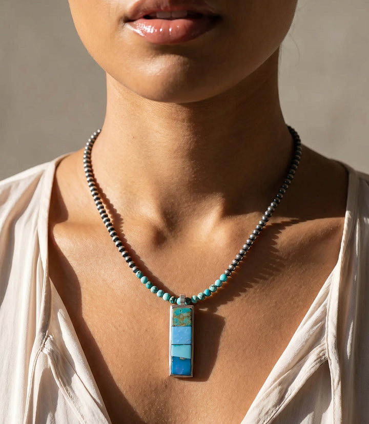 Multi Turquoise Inlay pendant necklace with sterling silver beads and geometric turquoise design
