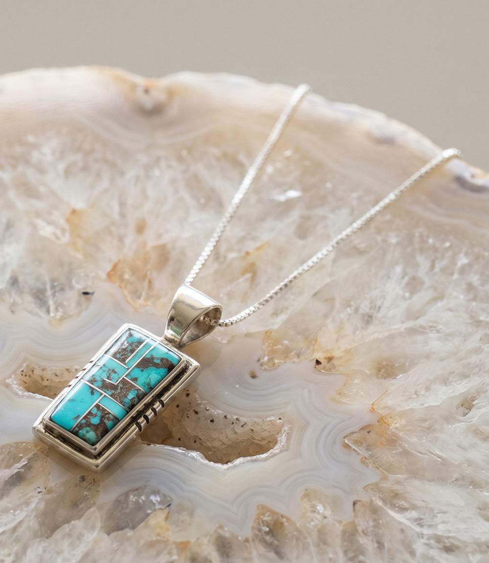 Golden Hill Turquoise inlay pendant necklace with sterling silver geometric design and spring ring clasp