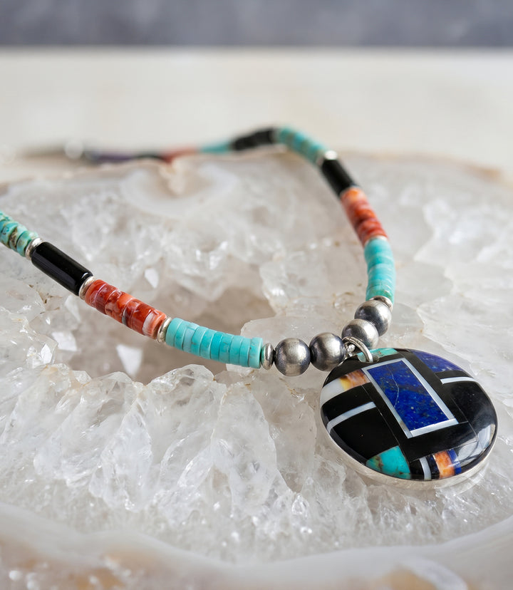 Beaded Turquoise, Jet, And Spiny Oyster Shell Pendant Necklace