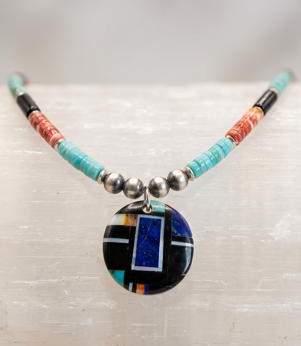Beaded Turquoise, Jet, And Spiny Oyster Shell Pendant Necklace