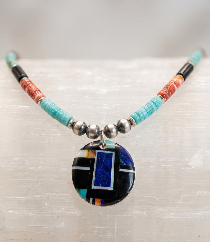 Beaded Turquoise, Jet, And Spiny Oyster Shell Pendant Necklace