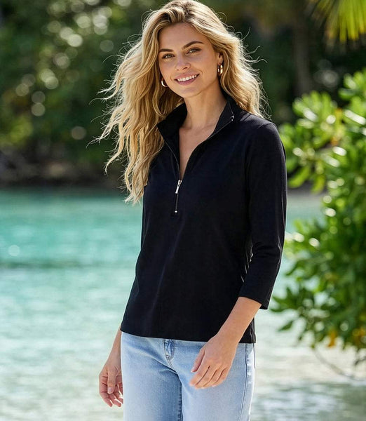 3/4 Sleeve Zip-Up Travel Jersey Top | Stylish & Versatile Women's