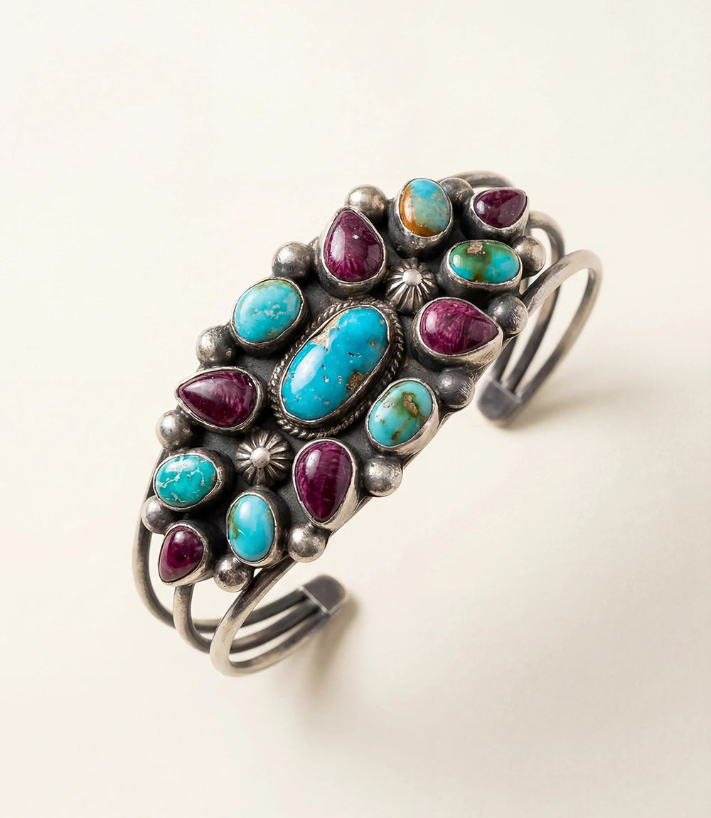 Beaded Turquoise and Purple Spiny Oyster Cuff Bracelet